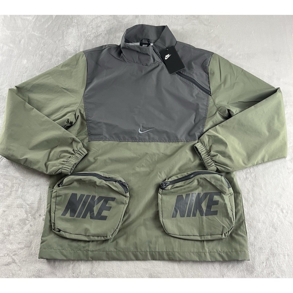 Nike Wind 1/2 Zip Jacket Men Large Gray Green Swoosh Mesh Lined Pullover Running